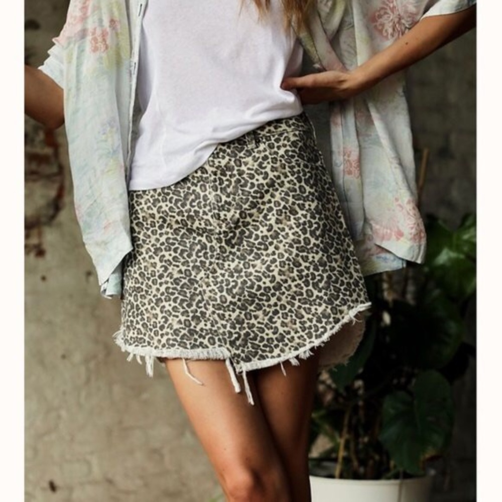 Free People High-waist Denim Skirt with Cheetah Print and Frayed Hem